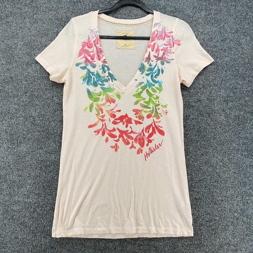 Vintage 90s‎ Hollister Top Womens M Pink Floral V-Neck Fitted Long Y2K Preppy